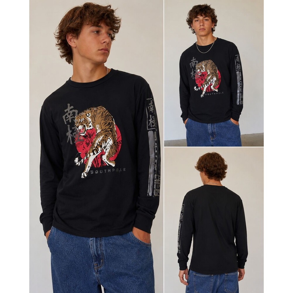 Vintage Southpole Tiger Graphic Long Sleeve Shirt Boys L 14-16 Y2K Thermal Urban